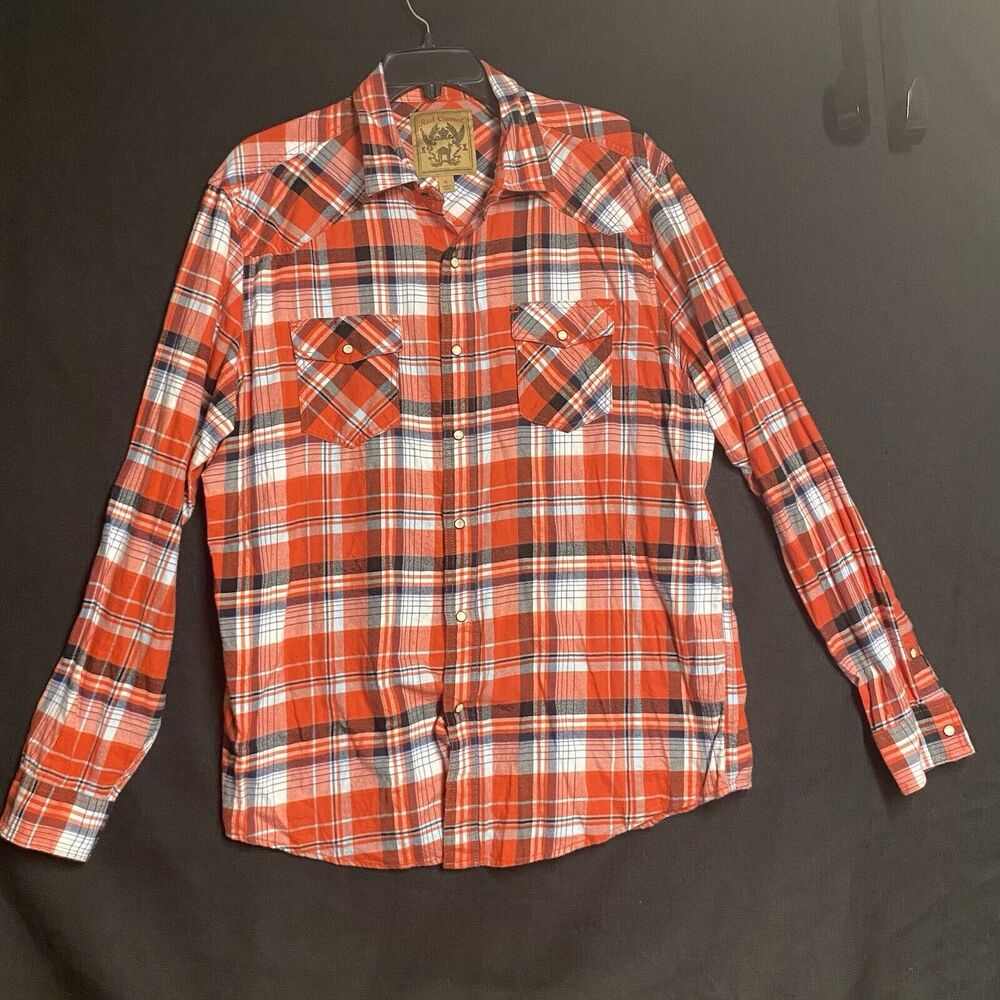Red Camel Men’s XL Red Plaid Pearl Snap Long Sleeve Shirt Flannel